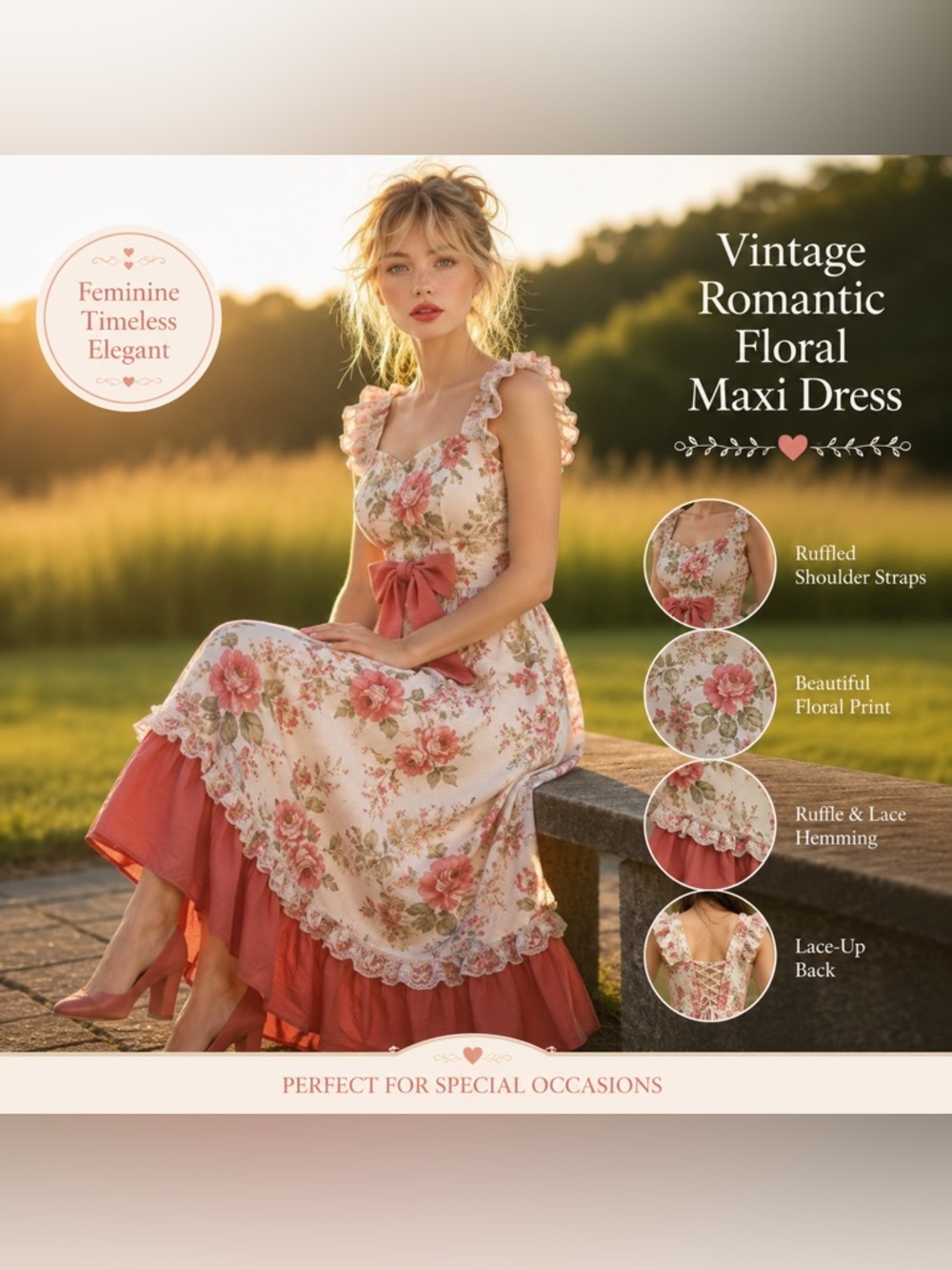 Victorian Choice Floral Midi Dress Coral Ruffle Bow Small